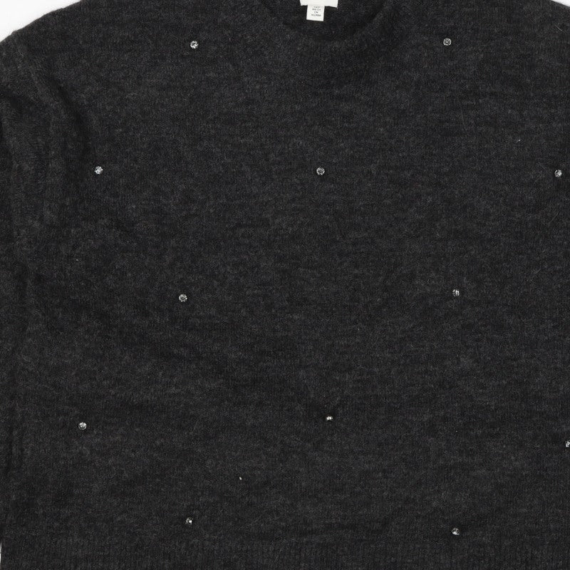 H&M Women Grey Size 10 Jewel Detail Crew Neck Knit Jumper