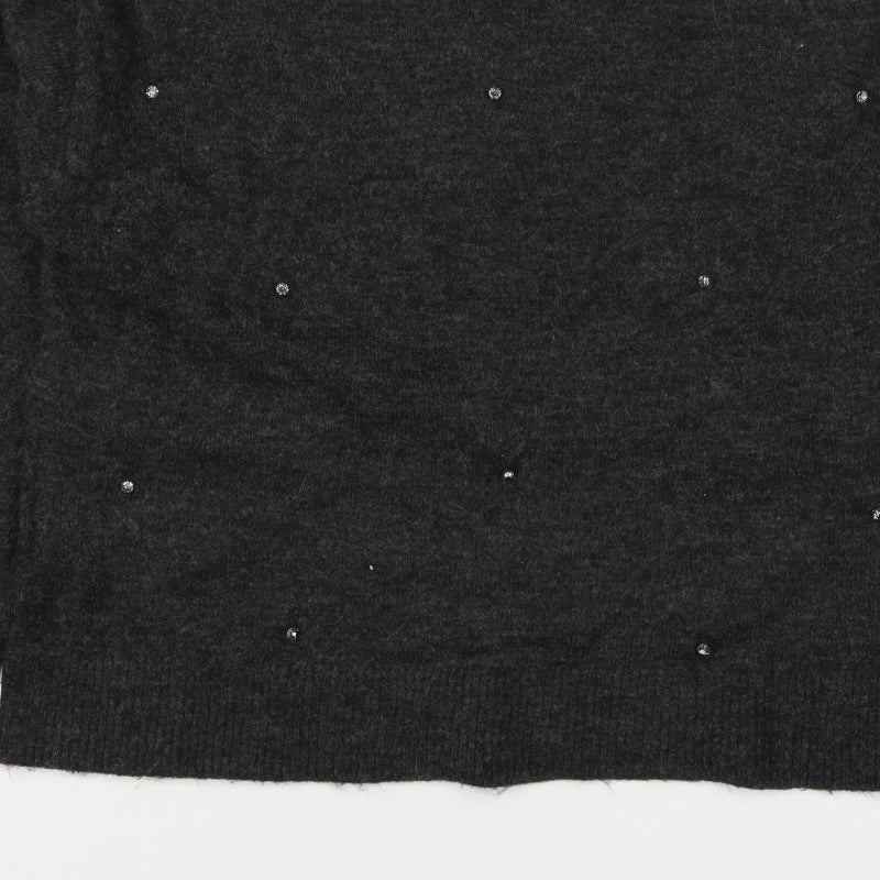 H&M Women Grey Size 10 Jewel Detail Crew Neck Knit Jumper