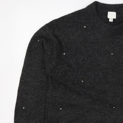 H&M Women Grey Size 10 Jewel Detail Crew Neck Knit Jumper