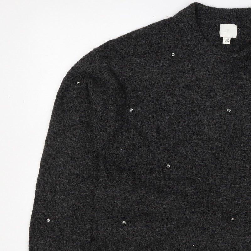 H&M Women Grey Size 10 Jewel Detail Crew Neck Knit Jumper