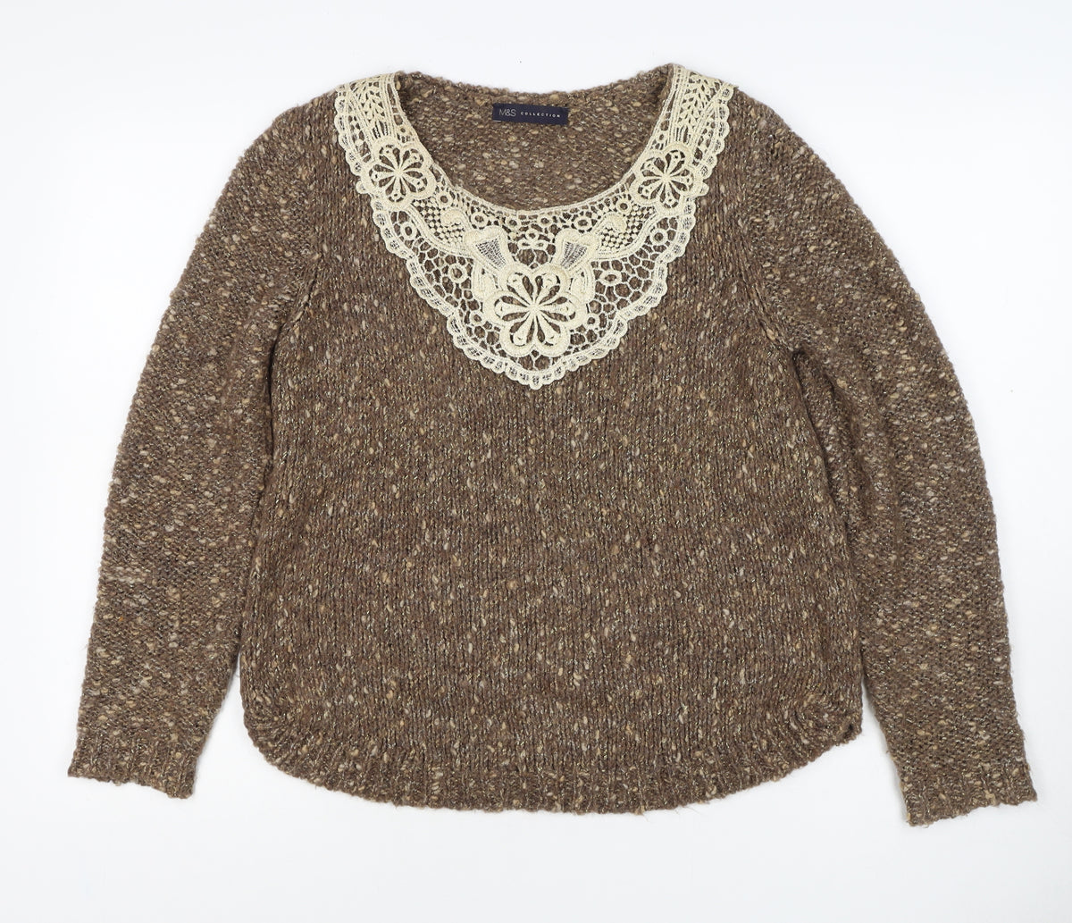 Marks and Spencer Women's Brown UK 12 Chunky Knit Lace Pullover Jumper