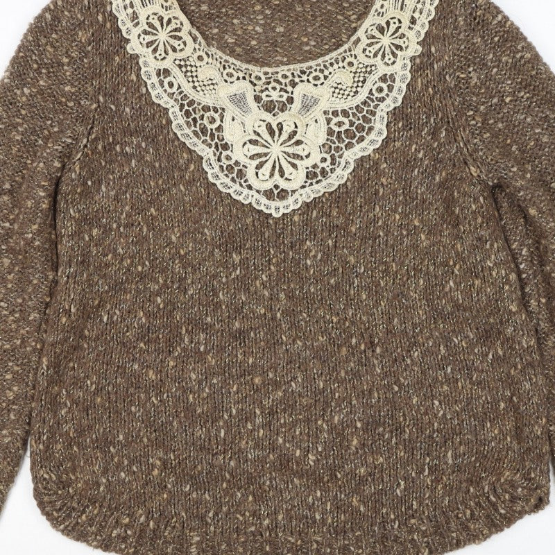 Marks and Spencer Women's Brown UK 12 Chunky Knit Lace Pullover Jumper