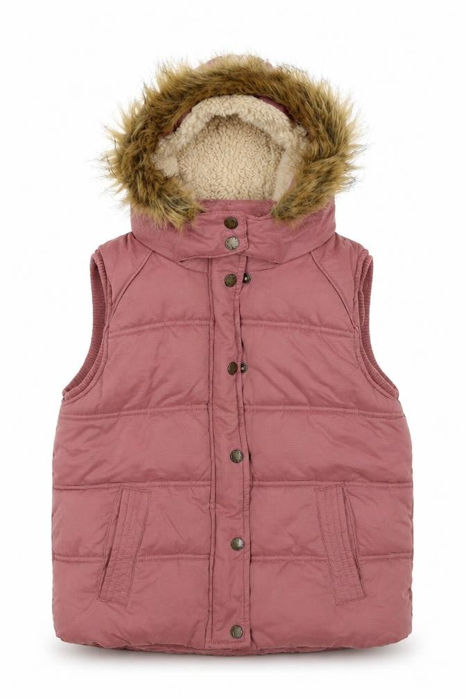 FatFace Girls Pink 8-9 Years Hooded Padded Faux Fur Waistcoat Gilet