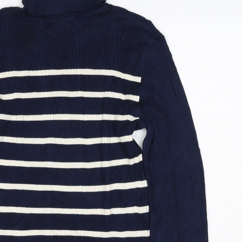 Marks & Spencer Women Blue Stripe Roll Neck Rib Knit Jumper UK 12