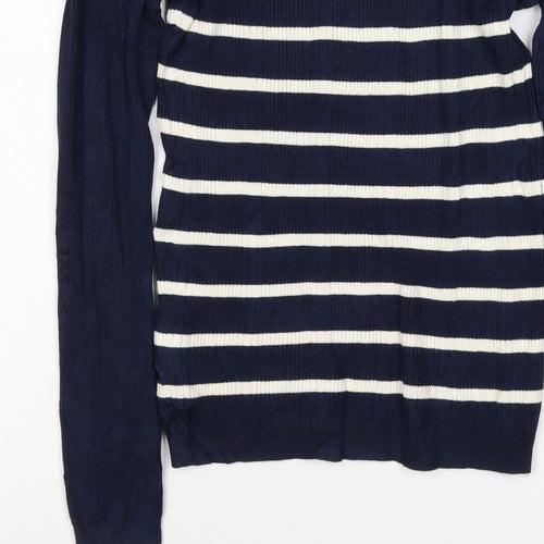 Marks & Spencer Women Blue Stripe Roll Neck Rib Knit Jumper UK 12