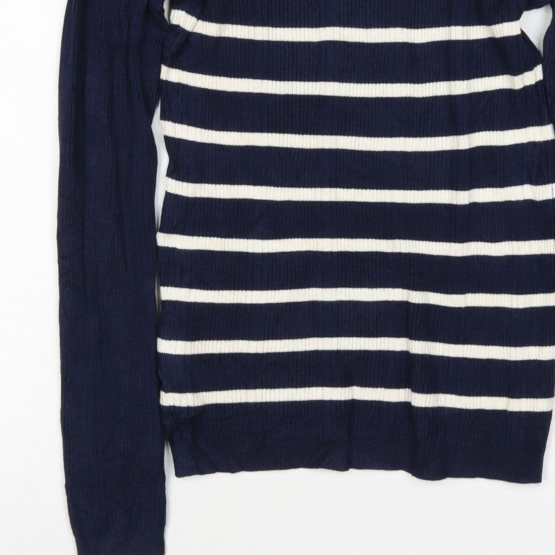 Marks & Spencer Women Blue Stripe Roll Neck Rib Knit Jumper UK 12