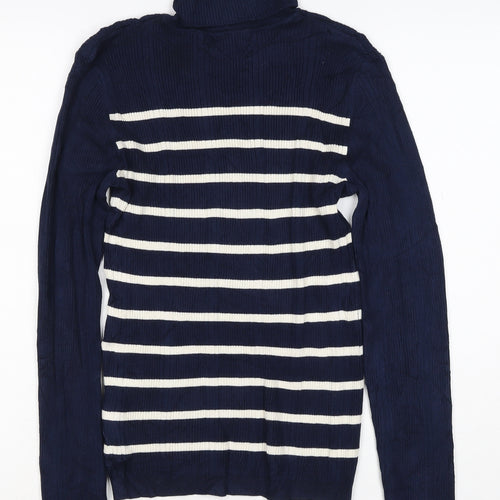 Marks & Spencer Women Blue Stripe Roll Neck Rib Knit Jumper UK 12