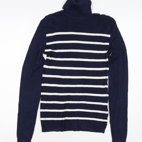 Marks & Spencer Women Blue Stripe Roll Neck Rib Knit Jumper UK 12