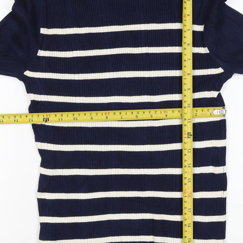 Marks & Spencer Women Blue Stripe Roll Neck Rib Knit Jumper UK 12