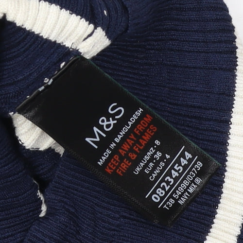 Marks & Spencer Women Blue Stripe Roll Neck Rib Knit Jumper UK 12