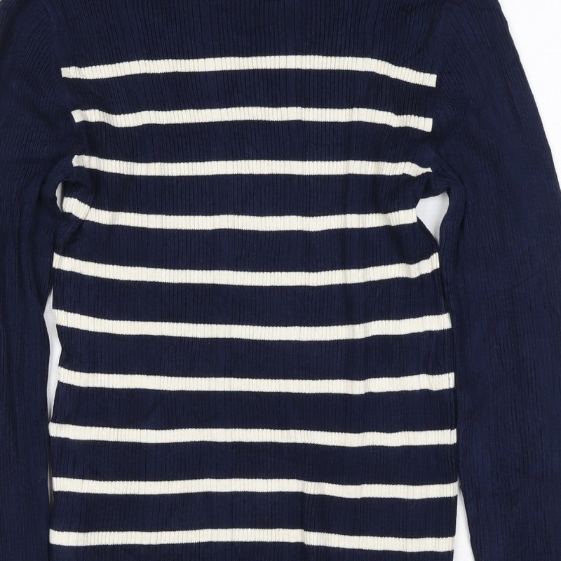 Marks & Spencer Women Blue Stripe Roll Neck Rib Knit Jumper UK 12