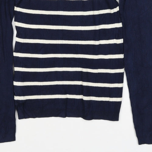 Marks & Spencer Women Blue Stripe Roll Neck Rib Knit Jumper UK 12