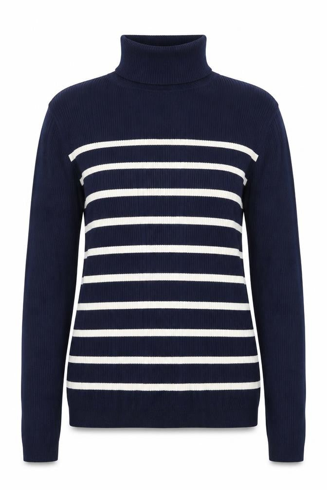 Marks & Spencer Women Blue Stripe Roll Neck Rib Knit Jumper UK 12