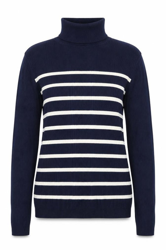 Marks & Spencer Women Blue Stripe Roll Neck Rib Knit Jumper UK 12