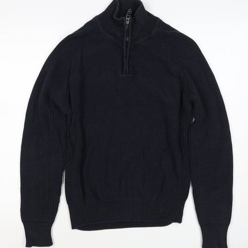 Next Men’s Blue M 1/4 Zip High Neck Chunky Knit Cotton Jumper