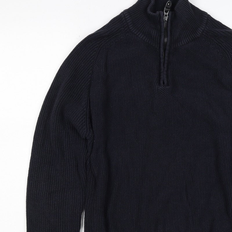 Next Men’s Blue M 1/4 Zip High Neck Chunky Knit Cotton Jumper