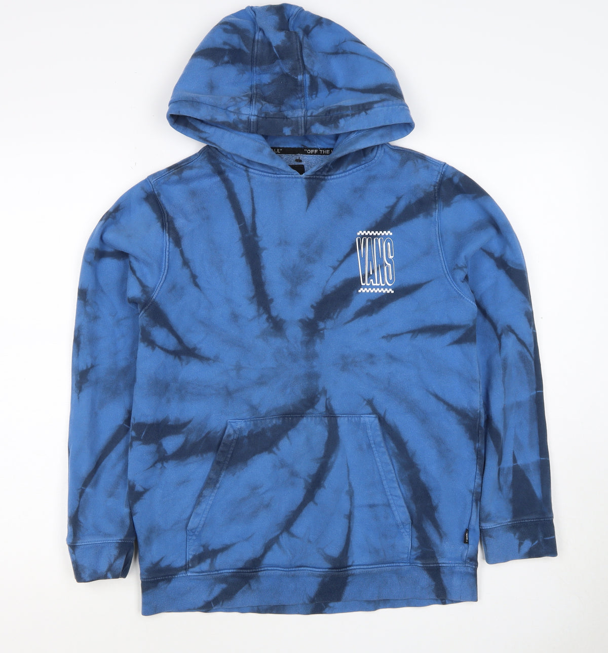 Back view of Vans boys’ blue black tie dye pullover hoodie l logo kangaroo pocket