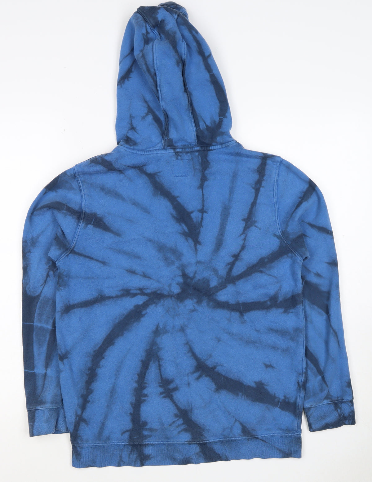 Close-up detail of Vans boys’ blue black tie dye pullover hoodie l logo kangaroo pocket