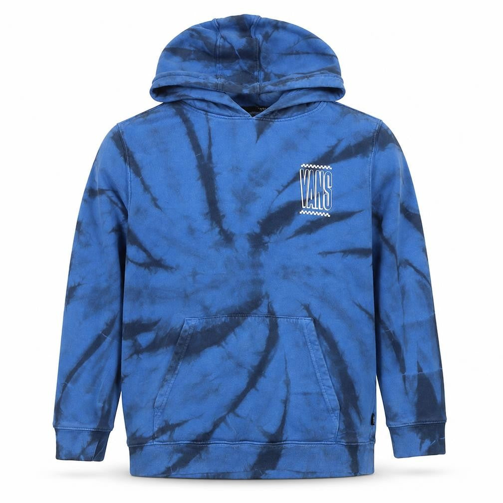 Front view of Vans boys’ blue black tie dye pullover hoodie l logo kangaroo pocket