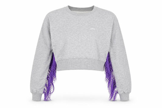 Front view of H&M Divided Women's Grey Purple Fringe Love Sweatshirt UK 8 Cropped