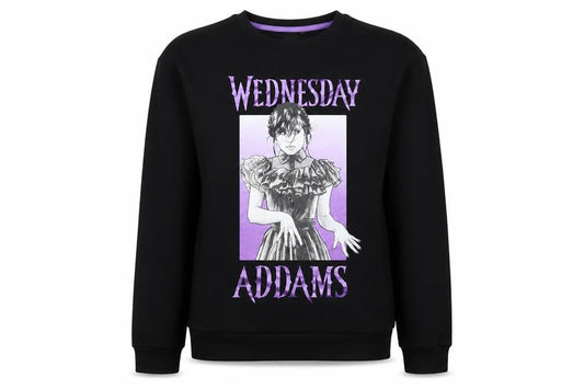Front view of Wednesday girls’ black 13-14 years pullover graphic sweatshirt