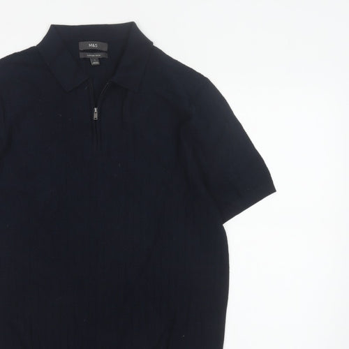 Marks and Spencer Men Black L Herringbone Knit 1/4 Zip Polo