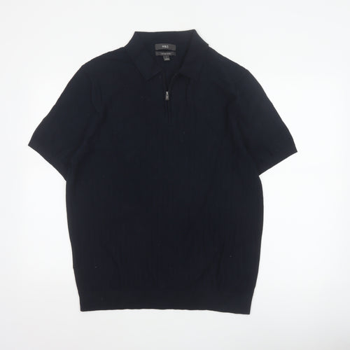 Marks and Spencer Men Black L Herringbone Knit 1/4 Zip Polo