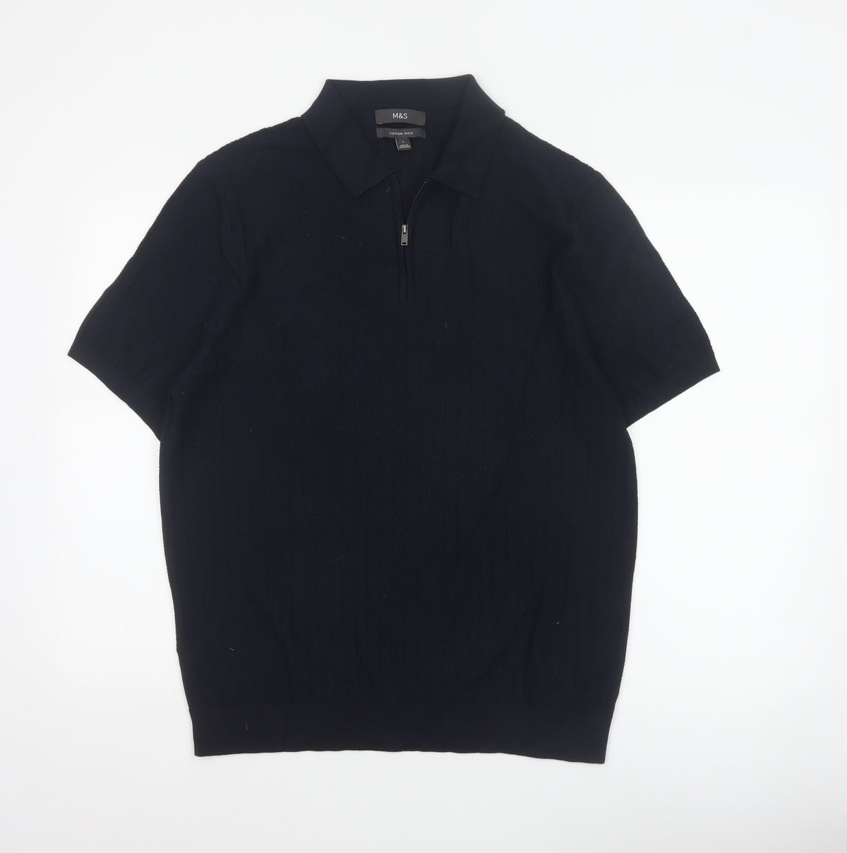 Marks and Spencer Men Black L Herringbone Knit 1/4 Zip Polo