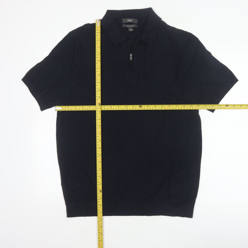Marks and Spencer Men Black L Herringbone Knit 1/4 Zip Polo