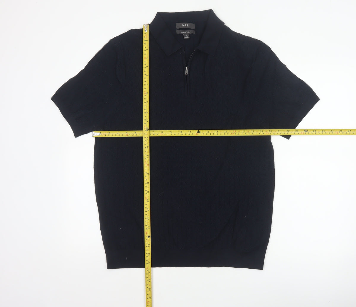 Marks and Spencer Men Black L Herringbone Knit 1/4 Zip Polo