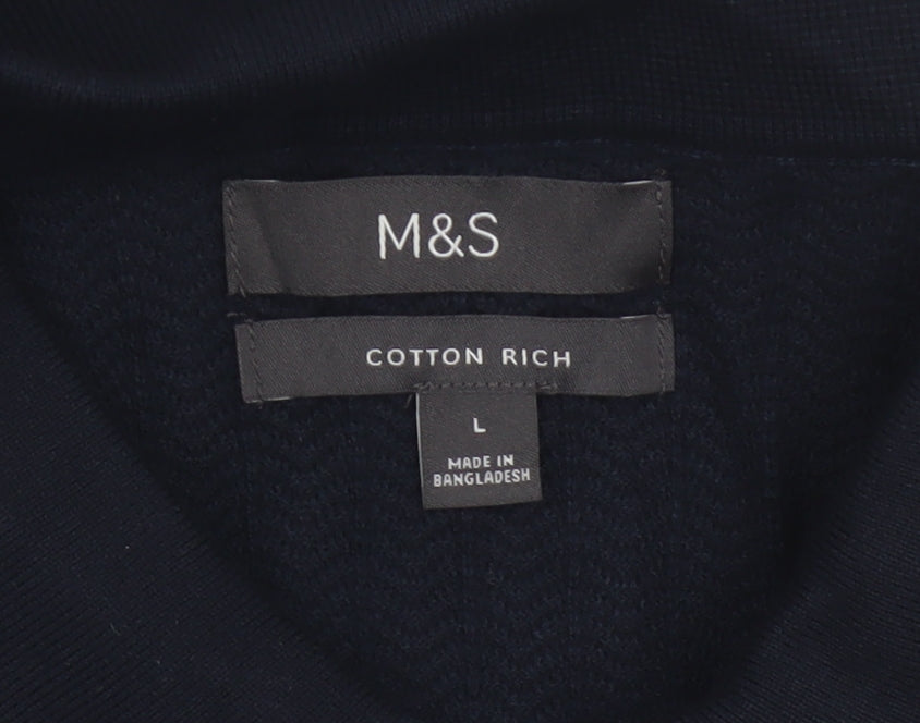 Marks and Spencer Men Black L Herringbone Knit 1/4 Zip Polo