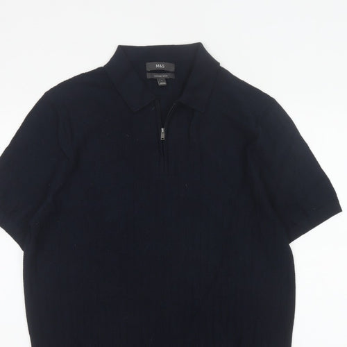 Marks and Spencer Men Black L Herringbone Knit 1/4 Zip Polo