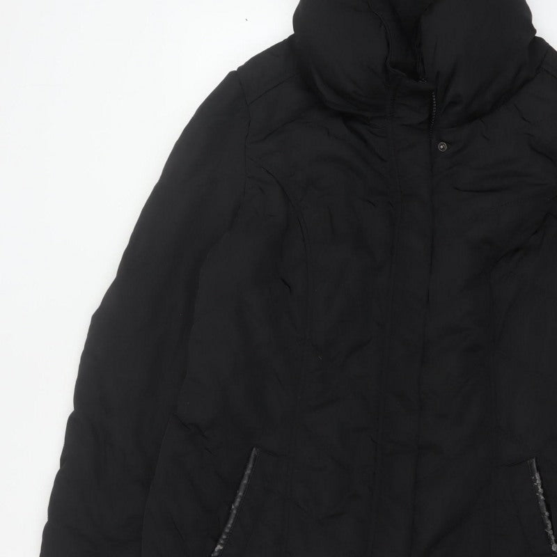 Wallis Women Black UK 18 Long Hooded Puffer Coat Buckle Trim