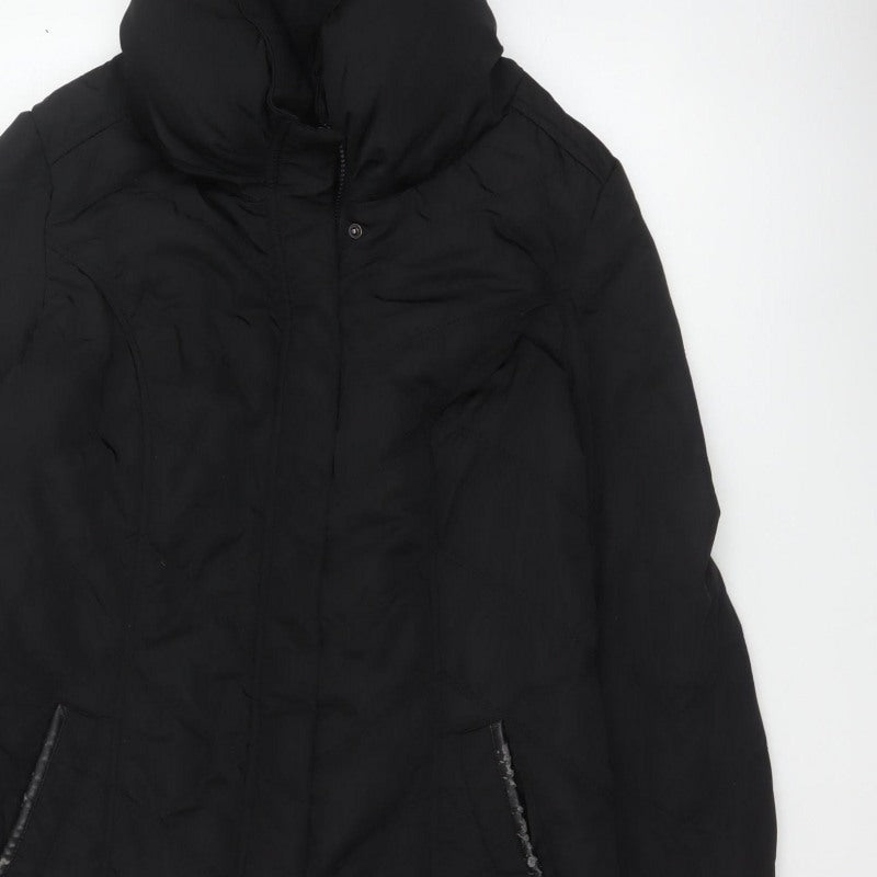 Wallis Women Black UK 18 Long Hooded Puffer Coat Buckle Trim