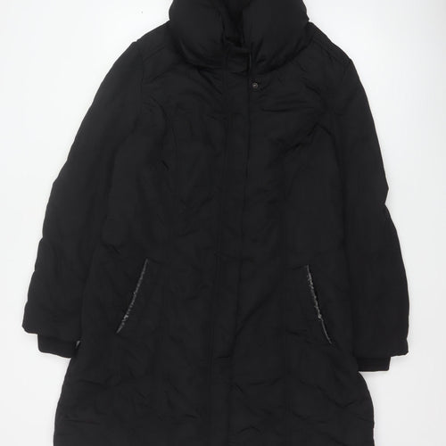 Wallis Women Black UK 18 Long Hooded Puffer Coat Buckle Trim