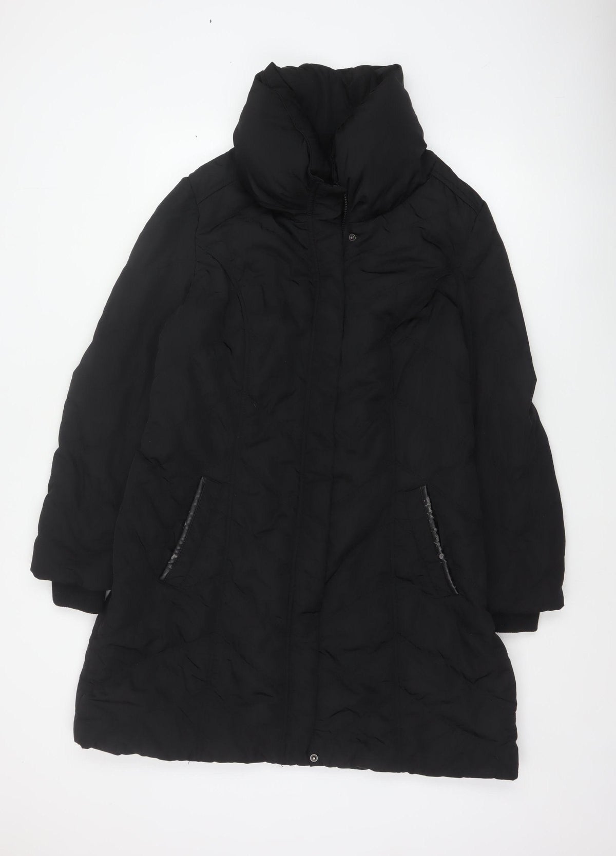 Wallis Women Black UK 18 Long Hooded Puffer Coat Buckle Trim