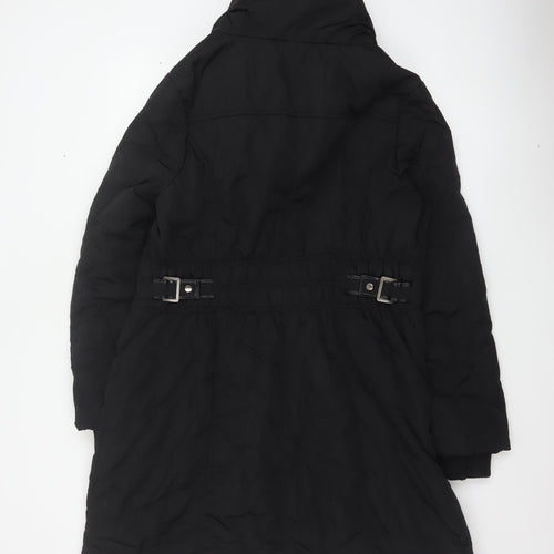 Wallis Women Black UK 18 Long Hooded Puffer Coat Buckle Trim