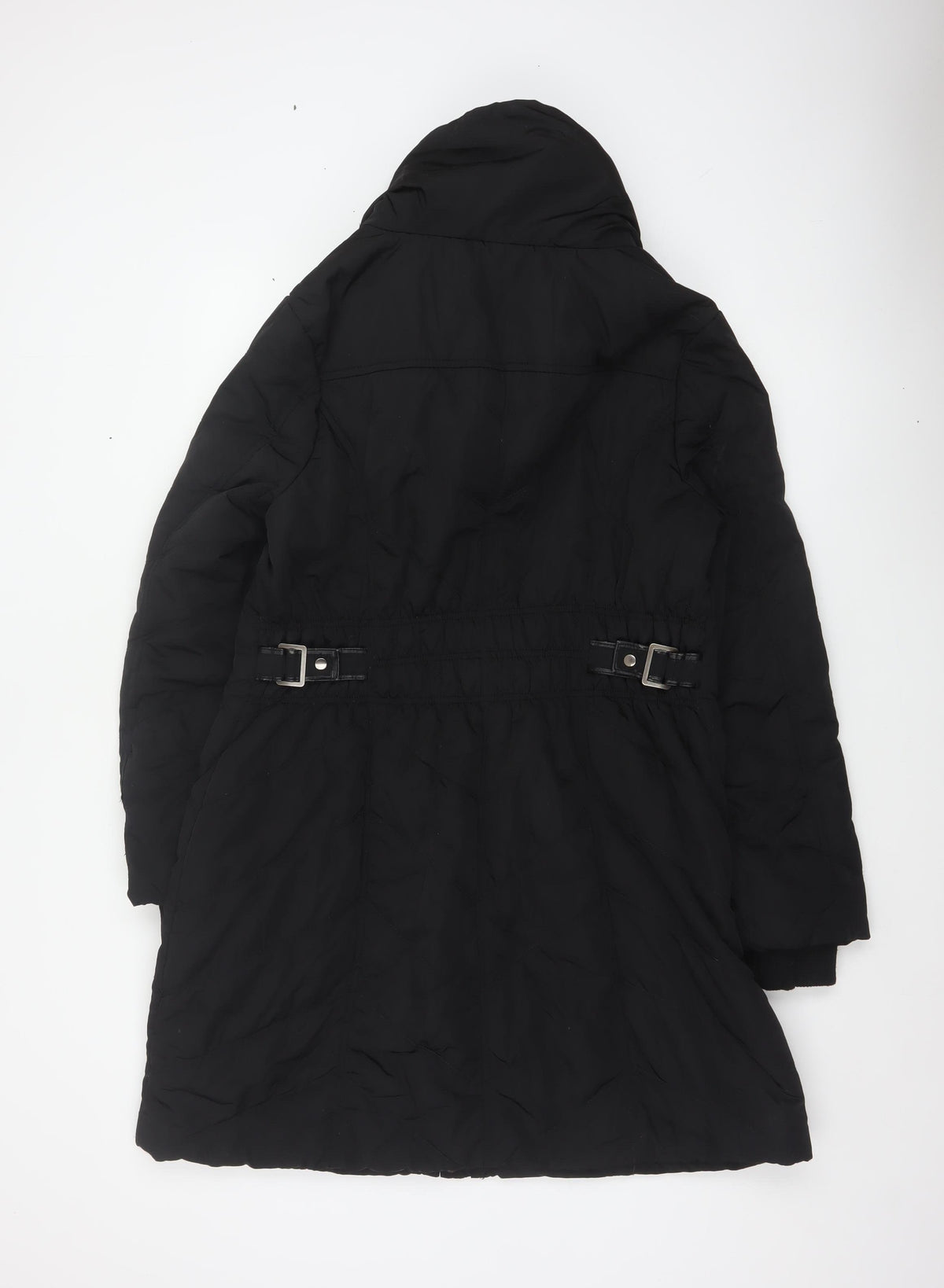 Wallis Women Black UK 18 Long Hooded Puffer Coat Buckle Trim