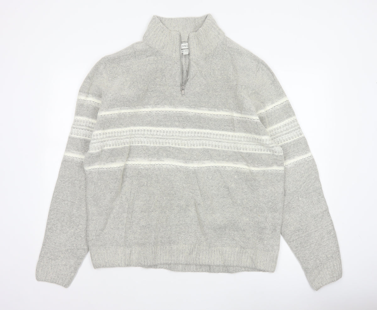 Marks & Spencer Men Grey XL Wool Blend 1/2 Zip Striped Jumper