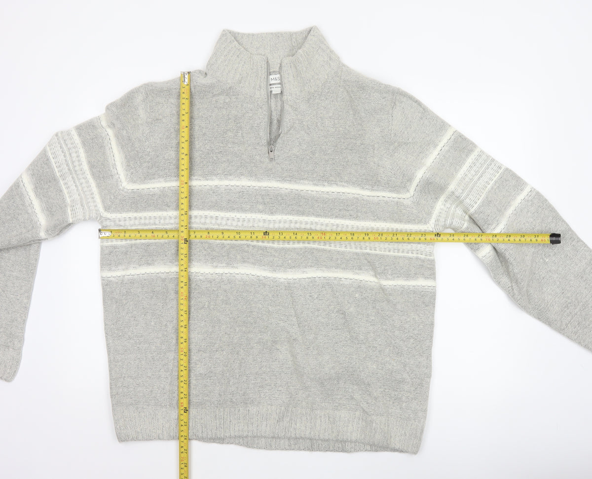 Marks & Spencer Men Grey XL Wool Blend 1/2 Zip Striped Jumper