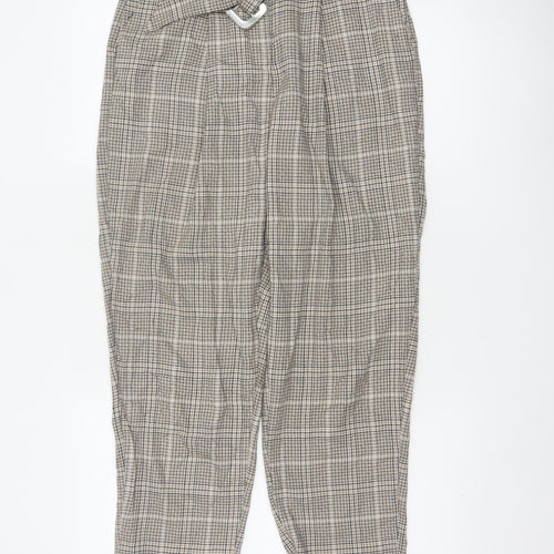New Look Women’s Beige Check Paperbag Tapered Trousers UK 10 Belted