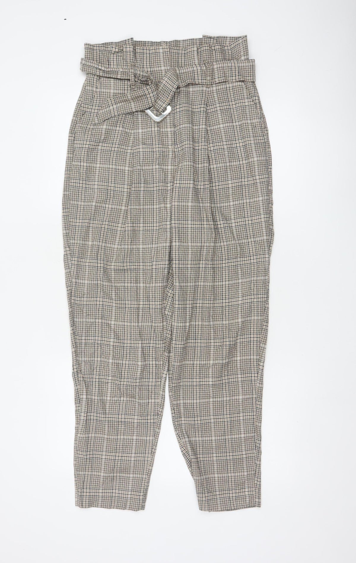 New Look Women’s Beige Check Paperbag Tapered Trousers UK 10 Belted