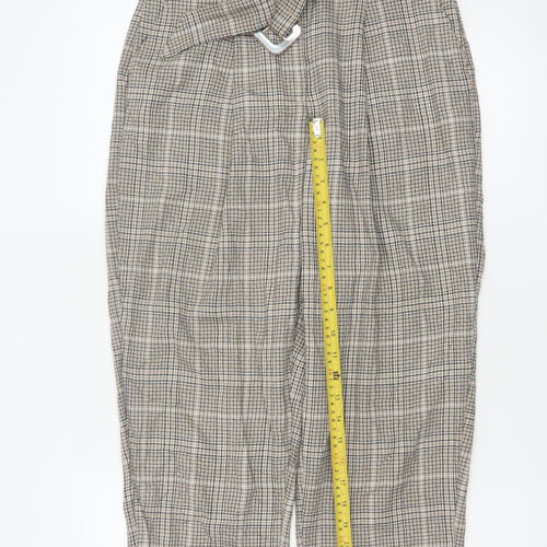 New Look Women’s Beige Check Paperbag Tapered Trousers UK 10 Belted