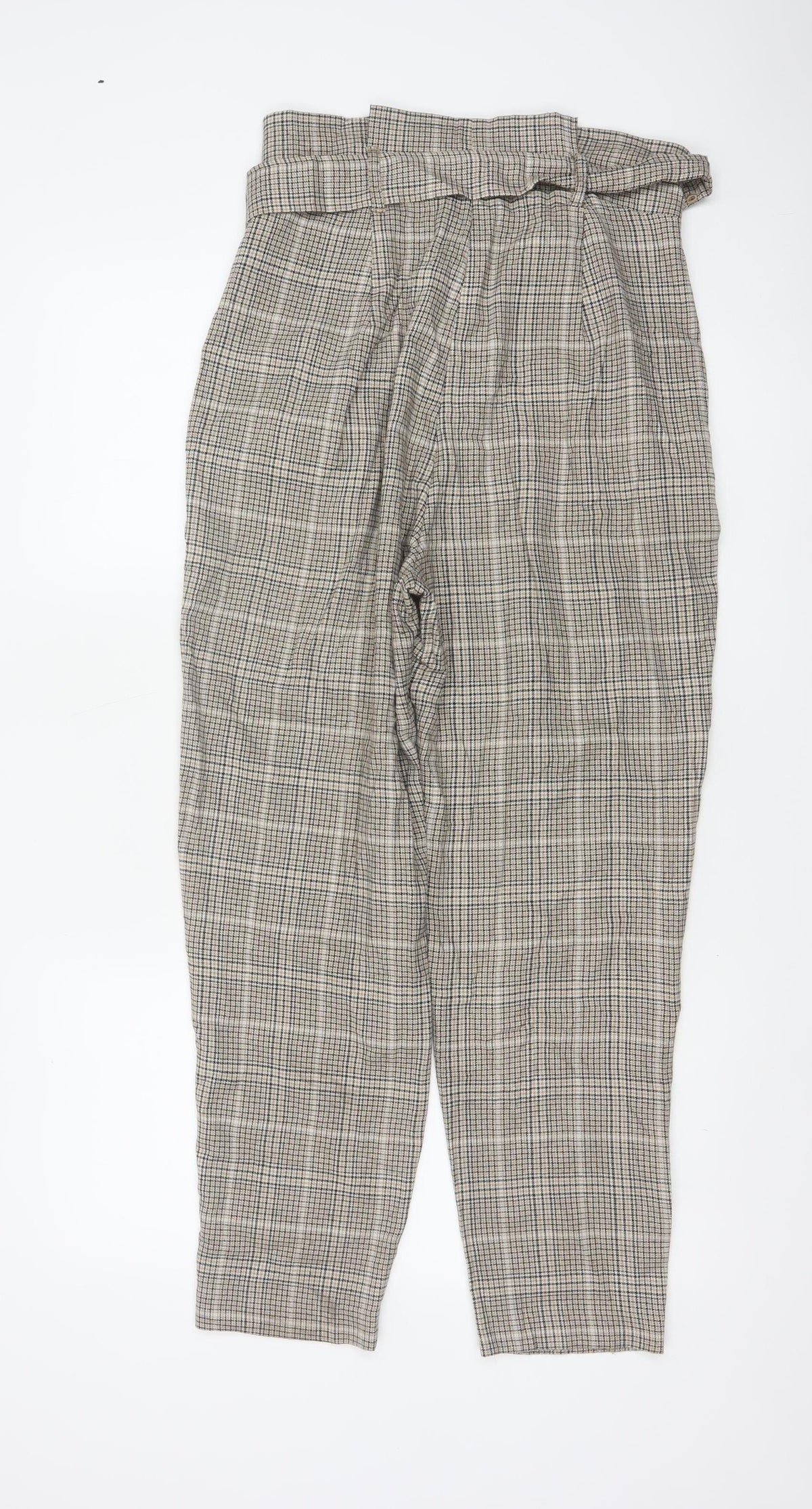 New Look Women’s Beige Check Paperbag Tapered Trousers UK 10 Belted