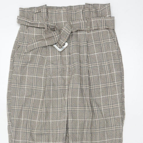 New Look Women’s Beige Check Paperbag Tapered Trousers UK 10 Belted