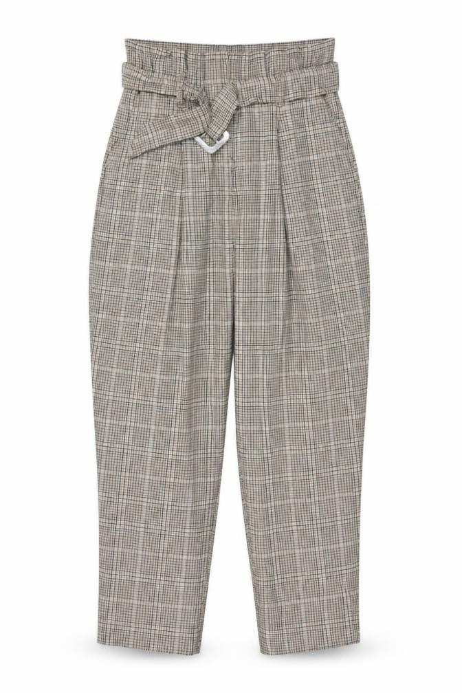 New Look Women’s Beige Check Paperbag Tapered Trousers UK 10 Belted