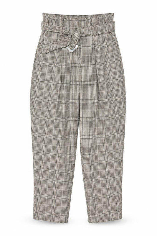 New Look Women’s Beige Check Paperbag Tapered Trousers UK 10 Belted