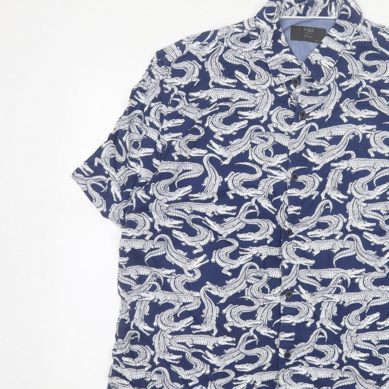 Marks and Spencer Men Blue L Crocodile Print Viscose Short Sleeve Shirt