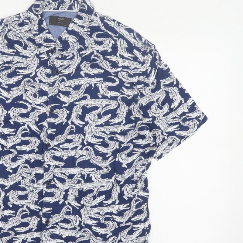 Marks and Spencer Men Blue L Crocodile Print Viscose Short Sleeve Shirt