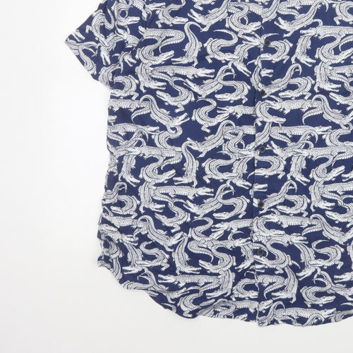 Marks and Spencer Men Blue L Crocodile Print Viscose Short Sleeve Shirt